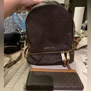 Michael Kors Brown Monogram Backpack and Wallet Set
